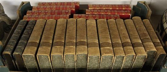 Set 12 Dickens Novels, The Works of W.M. Thackery (7 vols), Scotts Poems (2 vols)  all in half calf leather with marble boards